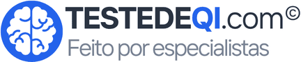 Na imagem podemos ver a logotipo do site - um cérebro branco em um círculo azul ao lado esquerdo do texto: testedeqi.com - feito por especialistas